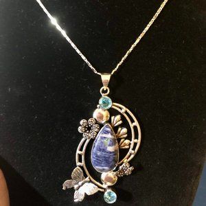 Butterfly Flower Sodalite, Blue Topaz Real Gemstone Necklace